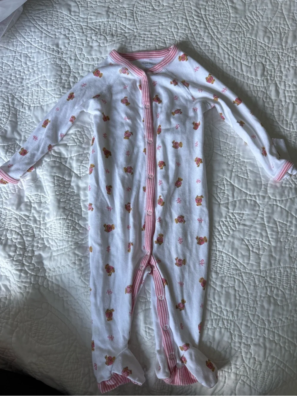 Polo by Ralph Lauren White Footed Coverall with Pink Trim and Bear Print